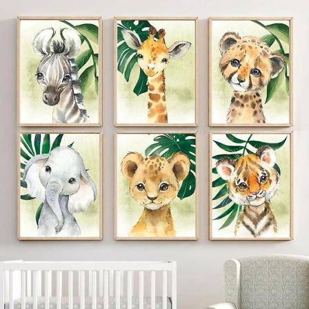 6 affischer Skogsdjur Baby Barn A4-affisch Elefant Lejon Giraff Zebra Tiger Bilder Sovrumsdekoration Oinramad