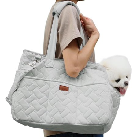 Kattbärväska Mjuk Pet Quiltad Väska Fritid Valpar Resa Gå till Veterinären, Gömma Husdjur Funktion Handväska med Ficka (Grå)