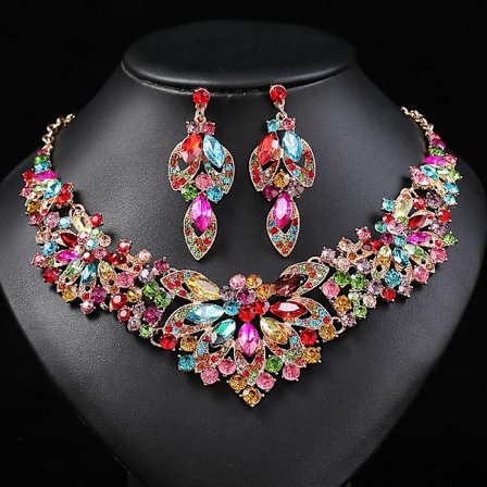 Dww-43cm-Halsband och örhängen Set med 2 Färgglada Blommor Brud Vintage Hög Design