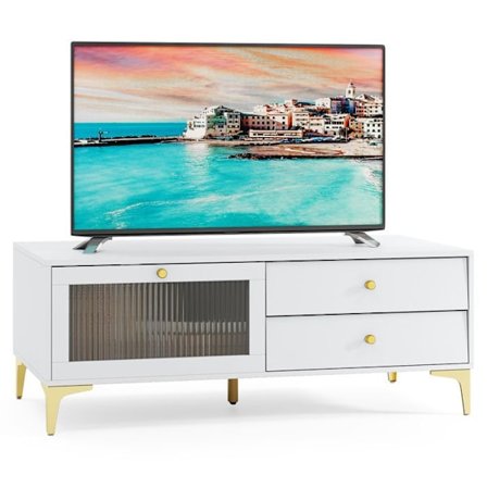 COSTWAY TV-möbel för 55" TV med dörr och 2 lådor, vikbar dörr i härdat glas, för vardagsrum, sovrum, 120 x 62 x 46 cm