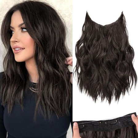 Usynlige Hårforlengelser med Transparent Hårbånd Justerbar Størrelse 4 Sikre Klips Lang Bølgete Hemmelig Hårdel Mørk Brun 16 Tommer for Kvinner