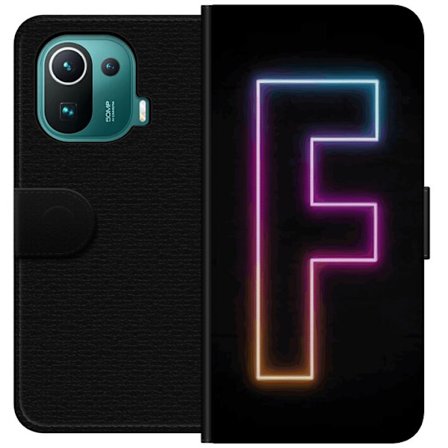 Yhteensopiva Lompakkokotelo Xiaomi Xiaomi Mi 11 Pro Neonkirjain F vaaleanpunaisella, sinisellä ja keltaisella valokehyksillä tummaa taustaa vasten,