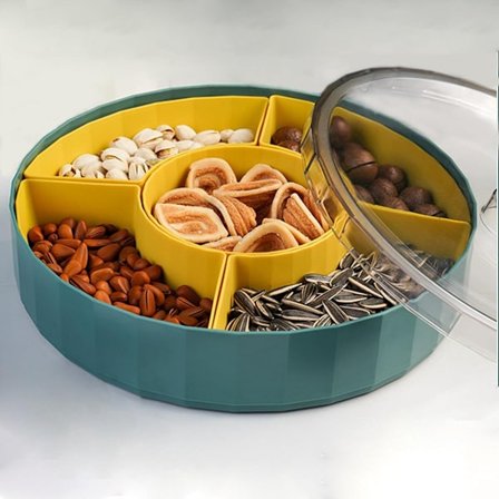 Snackskål med lock, snackstallrik med fack, 360 graders roterbar, snackbox med 5 löstagbara individuella fack, godisskål för nötter