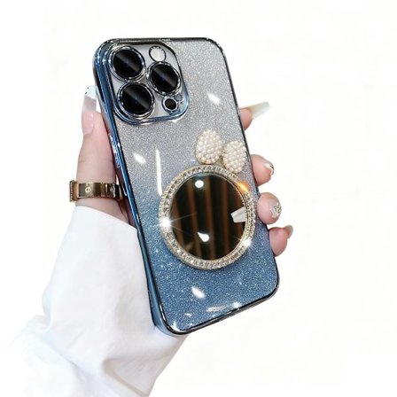 Lämplig för iPhone 16-serien mobiltelefonfodral, med spegel, gradient glitter mobiltelefonfodral (blå, iPhone 16)