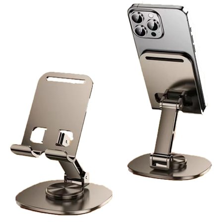 Roterende Telefonholder, Skrivebords-telefonholder i metall, Multifunksjonell metall-nettbrettholder (Grå)