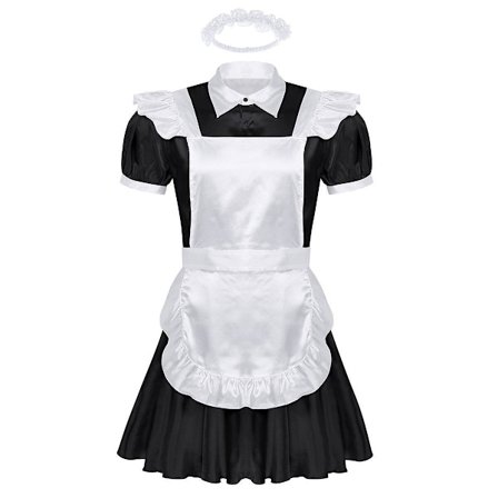 Men Sissy Maid Cosplay Costume Outfit Dress with Apron and Headband