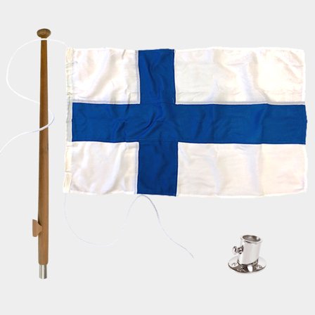 Conjunto de bandeira náutica Adela Original, Finlândia, poliéster marinho (170 g / m²), 90 cm x 55 cm + mastro Ø25 mm, 90 cm em teca + suporte para 