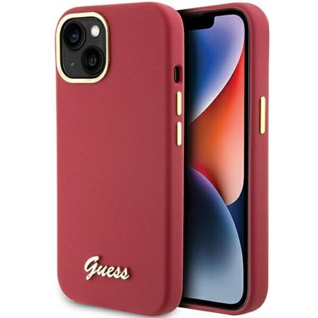 Guess Silikon Script Metal Logo & Frame fodral för iPhone 15 - röd
