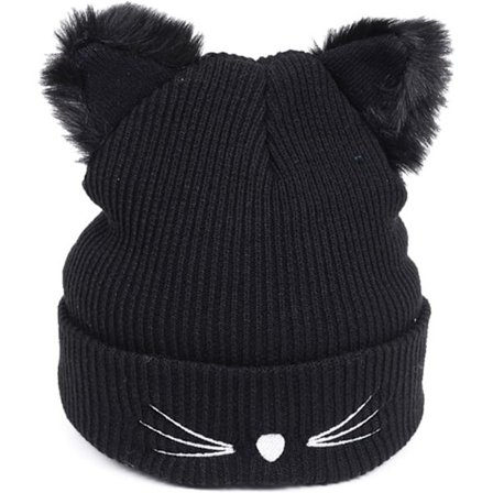 Kattöron-pipo, lämmin löysä neulottu talvipipo, kissankorva-neulepipo, brodeerattu villapipo, kylmä pipo, söpö syksy- ja talvilämmin pipo musta