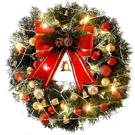 12-tommers ferdigbelyst julekrans, stor rød sløyfe og fargede kuler, batteridrevet med varmhvitt lys, granbelyst krans til inngangsdør