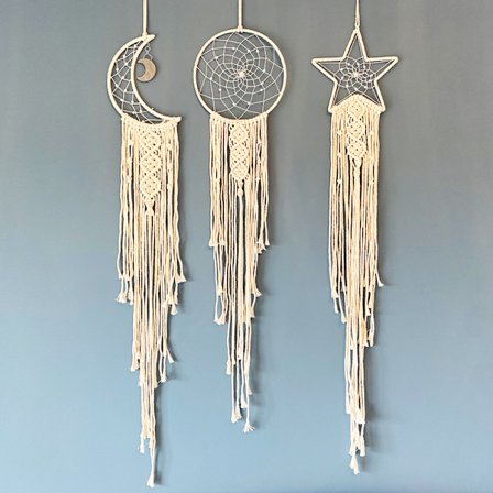 3-delt drømmefanger makramé vægophæng boho vægdekoration sol måne