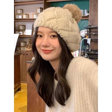 Beige Dame Vinter Strikket Beret Lue Mote Faux Fur Pompom Varm Be