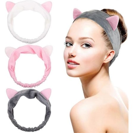 Makeup Pandebånd til Kvinder, Koreanske Katteøre Pandebånd, Ansigts- og Spa-pandebånd til Kvinder og Piger, 3-pak