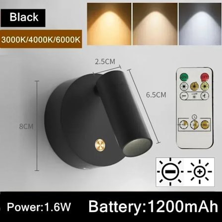 USB Oppladbar LED Vegglampe med Søt Berøring, Dimbar Magnetisk Base, Svart/mcj