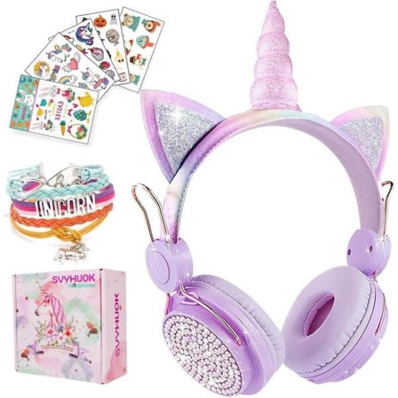 Unicorn Kids Bluetooth-hörlurar för flickor, trådlösa hörlurar med mikrofon för tonåringar, säker volymbegränsad 85db POM Kattöra Over-Ear Headset HD