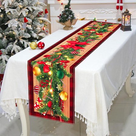 Julduk röd med mönster av träd, godis och klockor 275x33cm, bordsdekoration för helgen