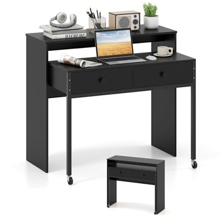 COSTWAY Fällbart Datorbord - 2 Lådor och Hjul - 100 x 63 x 88 cm - Kompakt Smyckebord för Salong, Sovrum Svart