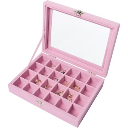 24 Gitter Ørering Opbevaringsboks, Fløjl Smykkeboks Ørering Boks, Smykke Opbevaring Display Boks til Ringe, Øreringe, Smykker, Vedhæng, Pink