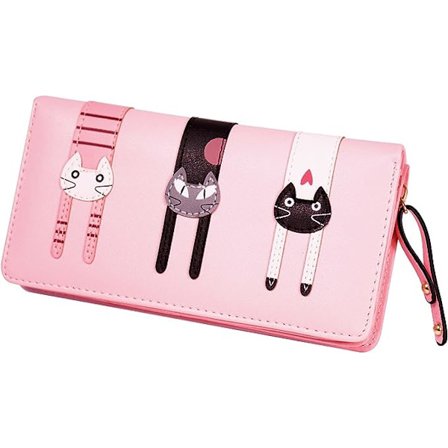 (Pink)Mini Faux Læder-Lang Bifold-Sød 3 Katte-Zip Clutch-Håndtaske-Kvinde-Gave
