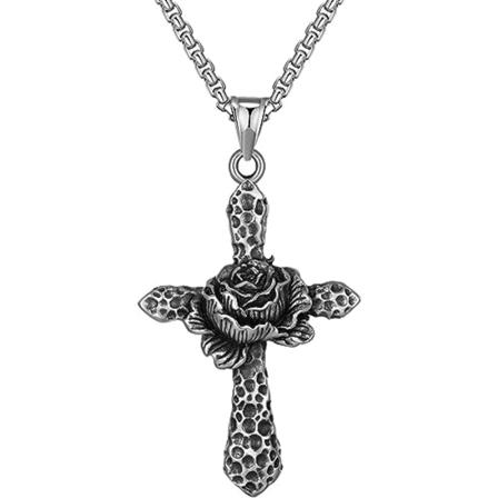 Hengende med roseblomst religiøst halskjede for menn kvinner, rustfritt stål gotisk punk smykker, personlig rapper sykkel halskjeder med 24 tommers 