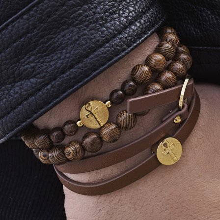 Set de bracelets bruns et dorés Ankh pour hommes - Bracelets en cuir