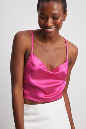 NA-KD Party Recycled linne i satin med waterfallringning - Crop Tops - Rosa - EU 36