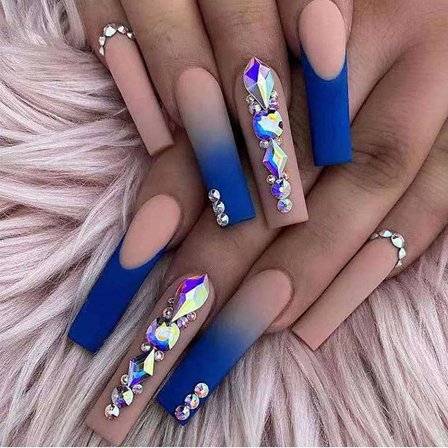 Lyxiga falska naglar extra långa tryck på strass naglar blå fyrkantiga