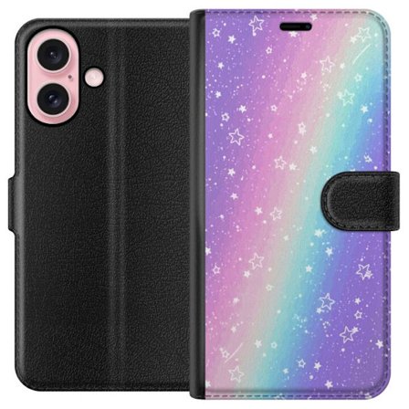 Kompatibelt Lommeboketui til Apple iPhone 16 Rainbow-farget pastellbakgrunn med hvite stjerner og gnistrende prikker i myk overgang