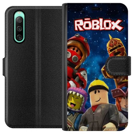 Kompatibelt Lommeboketui til Sony Sony Xperia 10 IV Robloxhelter står foran en stjerneklaar rombakgrunn med fargerike karakterer som skaper energi, e