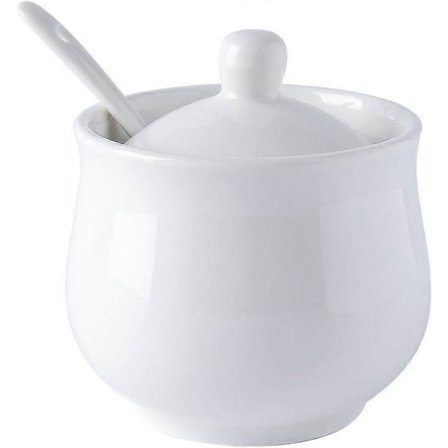 Keramisk sukkerskål, hvid porcelænssukkerkrukke med låg og ske