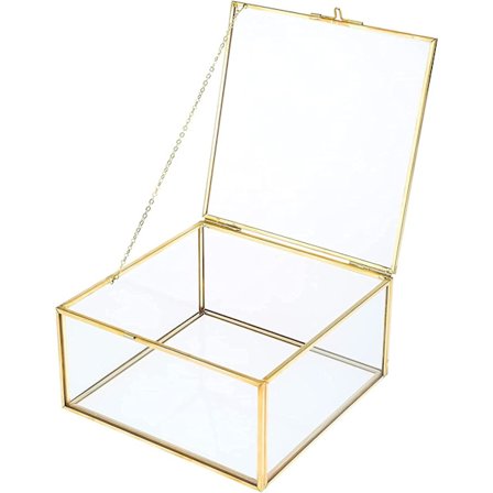 Kobber Gullfarget Vintage Glass Displayboks, Dekorativ Smykkeoppbevaringsboks Klar Rektangulær Gullfarget Boks (14x14x10cm)