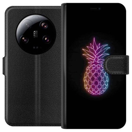 Yhteensopiva Lompakkokotelo Xiaomi Xiaomi 13 Ultra Neonkuvitus ananaksesta värikkäässä valossa mustaa taustaa vasten