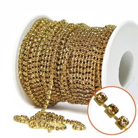 2mm Strasskedja Med Tjeckiska Kristaller, Guld/light Topaz, 50cm