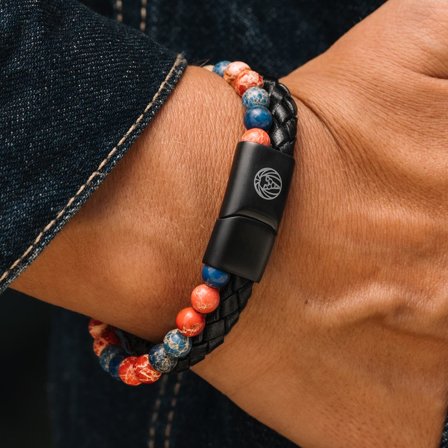 Ikonarmbånd av Skinn og Rød og Grønn Jaspis for menn - Perlearmbånd