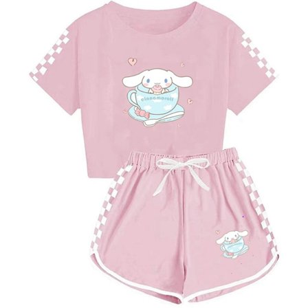 Børn Sanrio Cinnamoroll Trykt Træningsdragt Sæt Kortærmet T-shirt + Shorts Outfit Pink—max