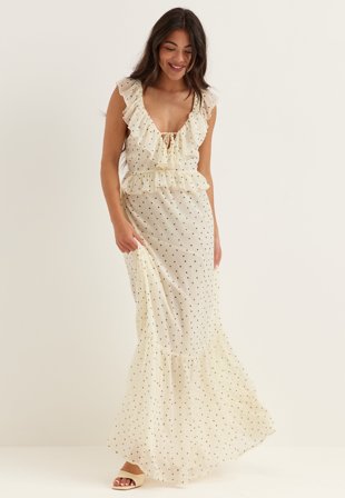 Bubbleroom Occasion - Frill Tie Back Chiffon Maxi Dress - Light yellow/Patterned
