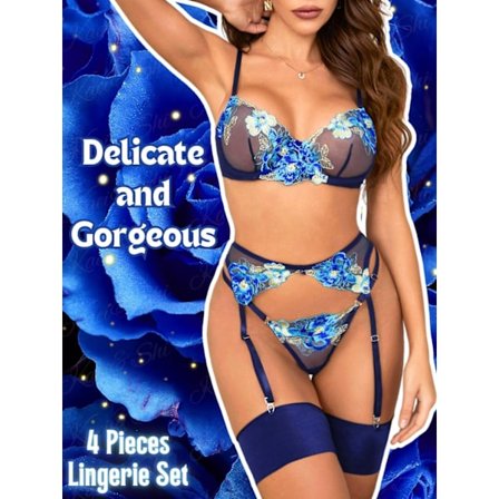 Blommig Broderad, Underwired, T-String, Strumpeband, 4-Delat Lingeri Navy