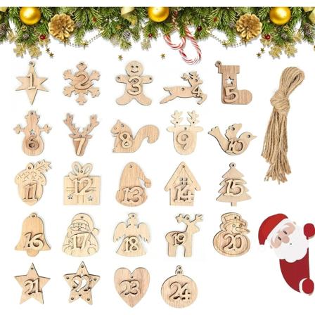 24 stk. trætal adventkalender, træ juletræ