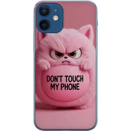 Kompatibel Mobilcover til Apple Apple iPhone 12 Vred pink fluffy kat med teksten "Rør ikke min telefon", et humoristisk beskyttelsesmotiv som passer