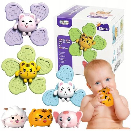 6-pak interaktive babylegetøj – Spinnere med sugekop & 3 silikonedyr til bad, +18M_OF