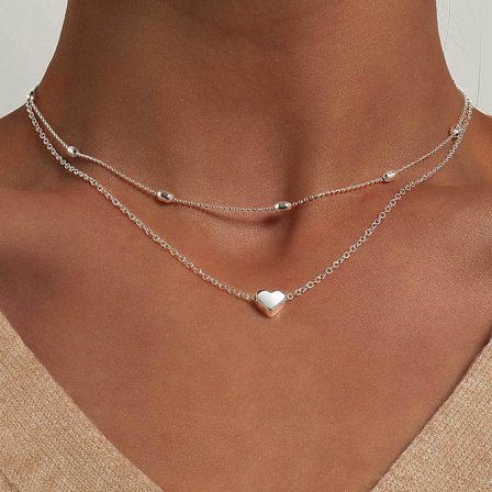 Lagdelt sølvfarvet hjertehalskæde med perler, halskæde til kvinder og piger