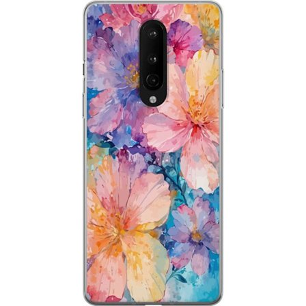 Yhteensopiva Puhelinkuori OnePlus OnePlus 8 Vesivärimaalaus suurilla kukilla vaaleanpunaisissa, sinisissä ja keltaisissa sävyissä pehmeässä tait