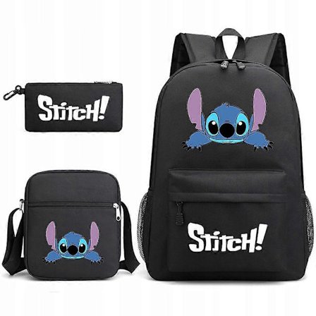 Lilo & Stitch ryggsekk, skulderveske, pennal, svart studentryggsekk tredelt sett
