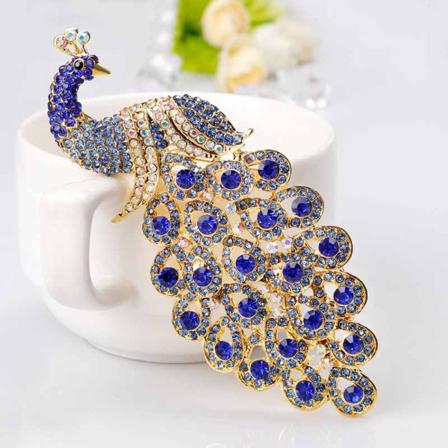 Hotsale Vackert Safir Blå Kristall Rhinestone Påfågel Brosch Smycken Nål Tillbehör