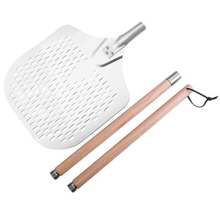 Lang profesjonell pizzaskuffe (35 cm x 30 cm) - Perforert aluminiums pizzaskuffe - Utvidbart og avtakbart trehåndtak - Høy kvalitet pizzaskuffe