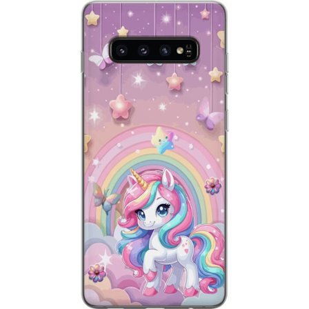 Kompatibel Mobilcover til Samsung Galaxy S10 Magisk enhjørning med regnbue manke, stjerner og sommerfugle mod en pastelfarvet himmel med skyer
