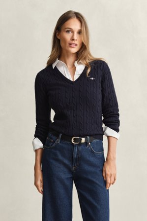 GANT Damen V-Neck Pullover mit Zopfmuster (XXL) Marineblau