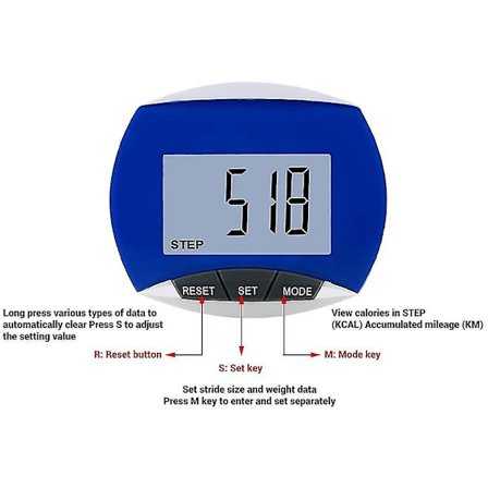 Skridttæller - Letlæselig fitness tracker. Kalorie- og aktivitetstid. Clip-on