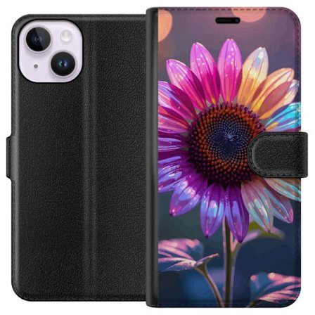 Kompatibelt Lommeboketui til Apple iPhone 14 Irideserende blomst med glitrende kronblad i rosa lilla og gull mot myk bokeh bakgrunn