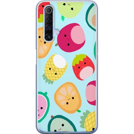 Kompatibel Mobilcover til Realme X50 5G Mønster af kawaii frugter som jordbær citron ananas og avocado på lyseblå baggrund